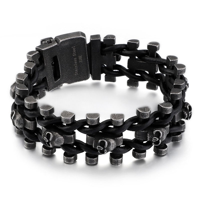 Pulseira De Couro Com Caveira Grossa E Retrô, Bracelete De Titânio Para Motociclista Masculino Pulseira De Couro Com Caveira Grossa E Retrô, Bracelete De Titânio Para Motociclista Masculino