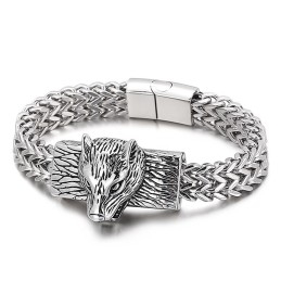 Pulseira Masculina De Titânio Com Cabeça De Lobo E Quilha De Fileira Dupla