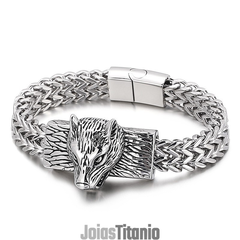 Pulseira Masculina De Titânio Com Cabeça De Lobo E Quilha De Fileira Dupla