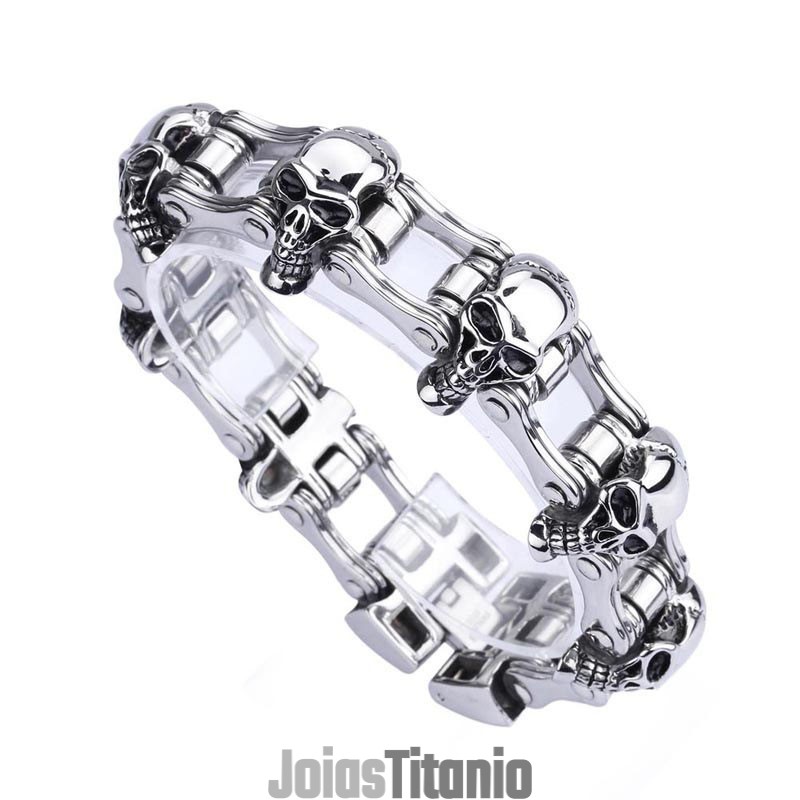 Pulseira De Motociclista Masculina De Titânio Com Caveira Estilo Chique
