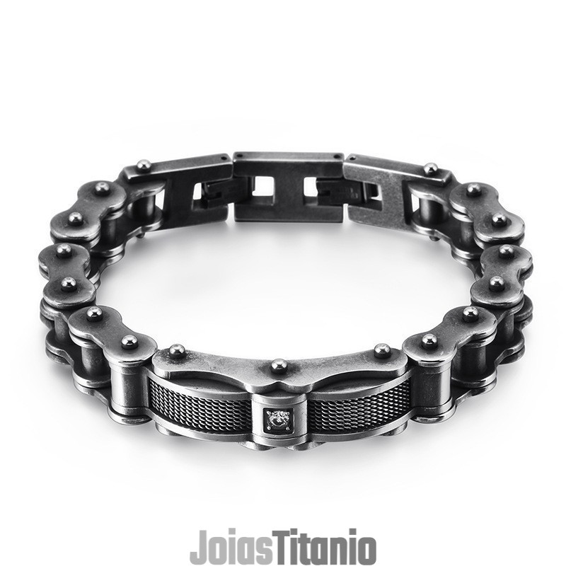 Pulseira Masculina Rock Biker Chain Titanium Com Diamante