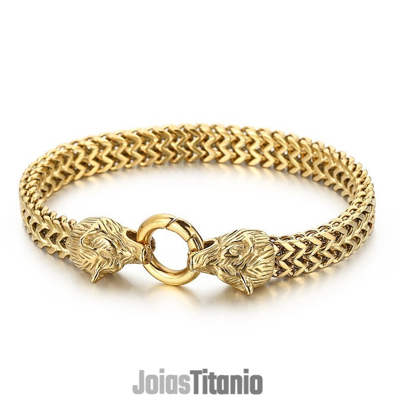 Pulseira Masculina Cool Rock Hip-Hop Com Cabeça De Lobo Dupla Em Titânio