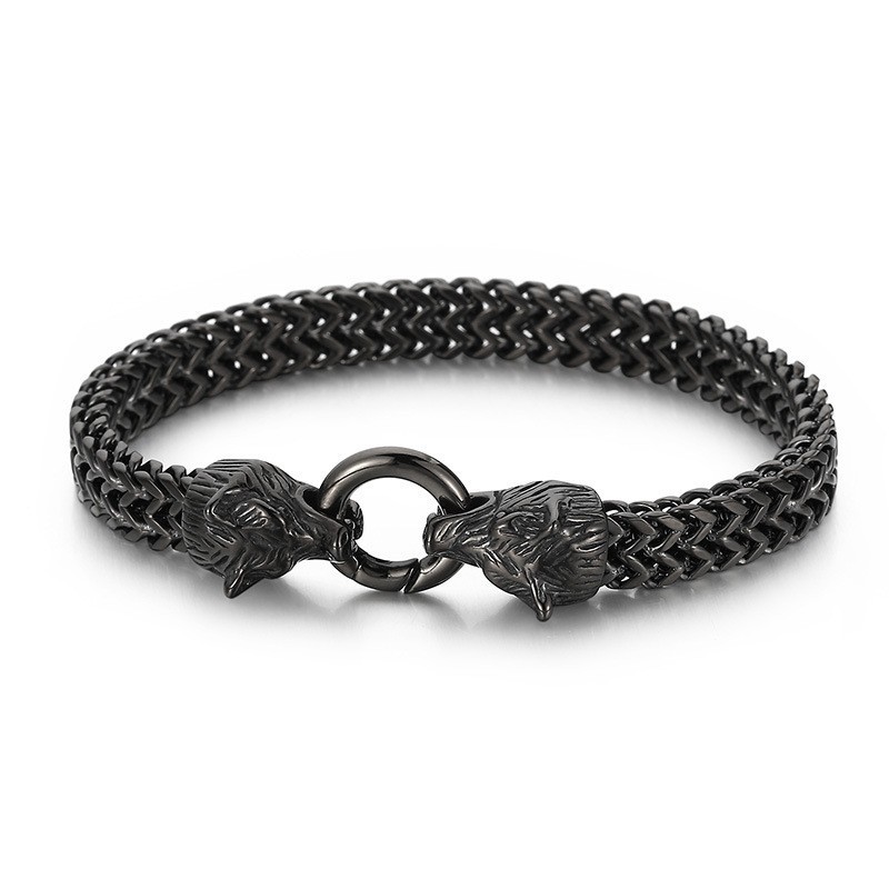 Pulseira De Titânio Com Cabeça De Lobo Dupla Estilo Hip-Hop Rock Cool Para Homens Pulseira De Titânio Com Cabeça De Lobo Dupla Estilo Hip-Hop Rock Cool Para Homens
