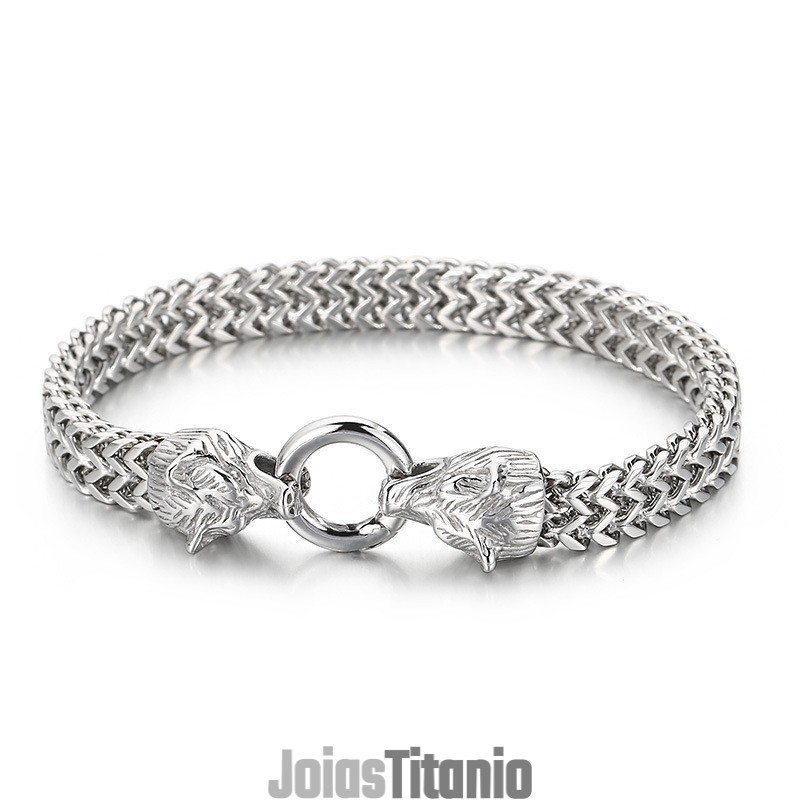 Pulseira Masculina De Titânio Com Cabeça De Lobo Duplo Estilo Rock Hip-Hop