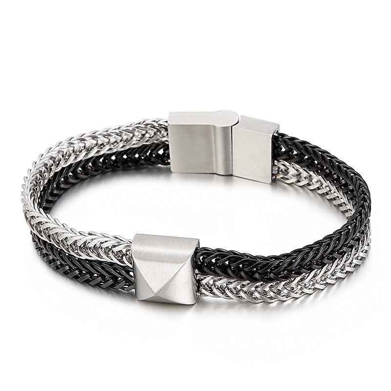 Pulseira Masculina De Titânio Com Corrente Trançada E Quilha Colorida De Dupla Camada Tide Hip-Hop Pulseira Masculina De Titânio Com Corrente Trançada E Quilha Colorida De Dupla Camada Tide Hip-Hop
