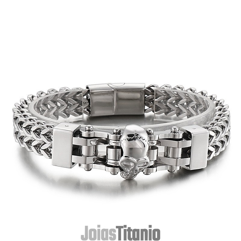Pulseira De Titânio Masculina Com Caveira Hip Hop