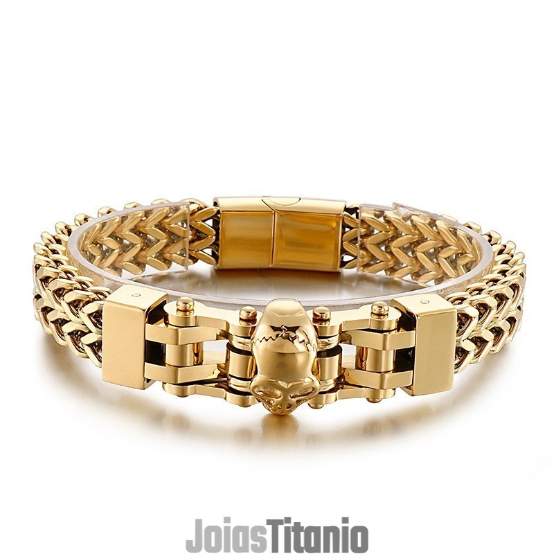 Pulseira De Titânio Masculina Com Caveira Hip Hop