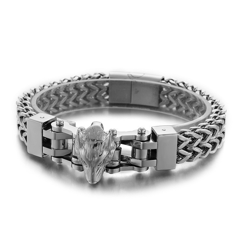Pulseira De Titânio Masculina Com Cabeça De Lobo