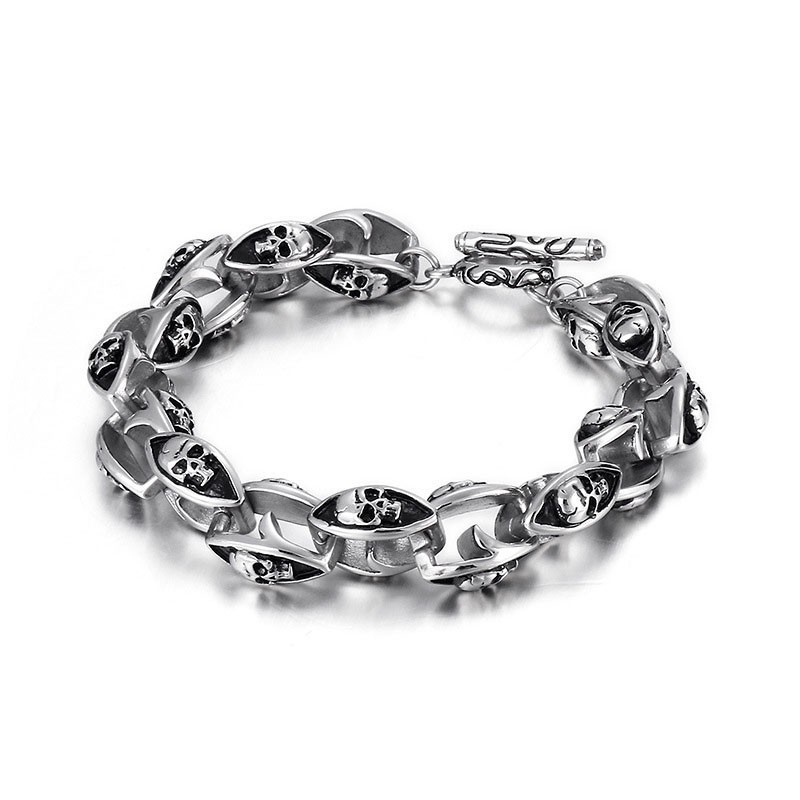 Pulseira Masculina De Titânio Estilo Rock Hip Hop Com Caveira Dupla Pulseira Masculina De Titânio Estilo Rock Hip Hop Com Caveira Dupla