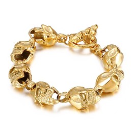 Pulseira Masculina De Titânio Com Caveira Dourada Estilo Chique