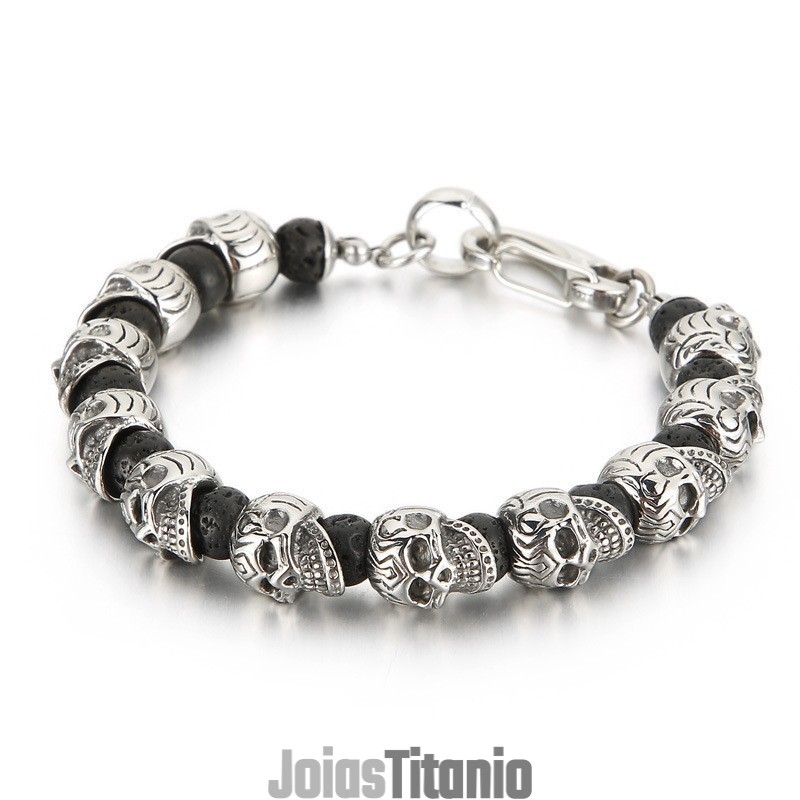 Pulseira De Caveira De Titânio Com Pedra Vulcânica De Olho De Tigre, Pulseira Masculina Pulseira De Caveira De Titânio Com Pedra Vulcânica De Olho De Tigre, Pulseira Masculina