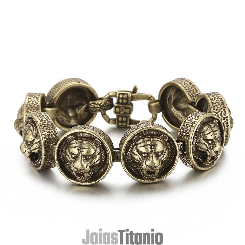 Pulseira Vintage De Titânio Redonda Com Cabeça De Tigre Para Homens Pulseira Vintage De Titânio Redonda Com Cabeça De Tigre Para Homens