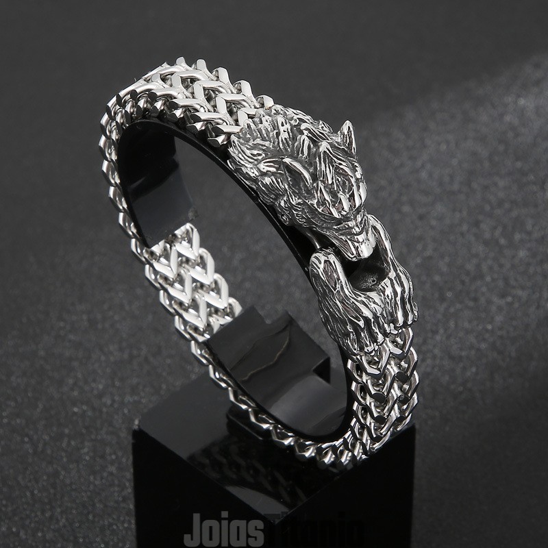 Pulseira Masculina De Titânio Com Cabeça De Lobo Dupla Pulseira Masculina De Titânio Com Cabeça De Lobo Dupla