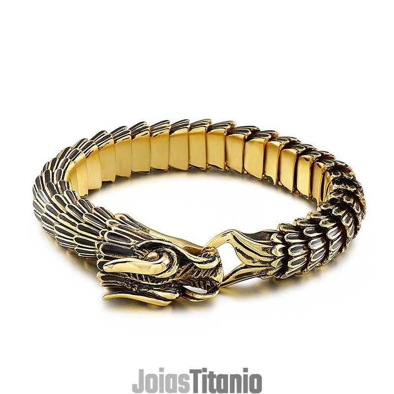 Pulseira De Titânio Com Dragão Dourado E Revestimento De Rua Hip-Hop Para Homens
