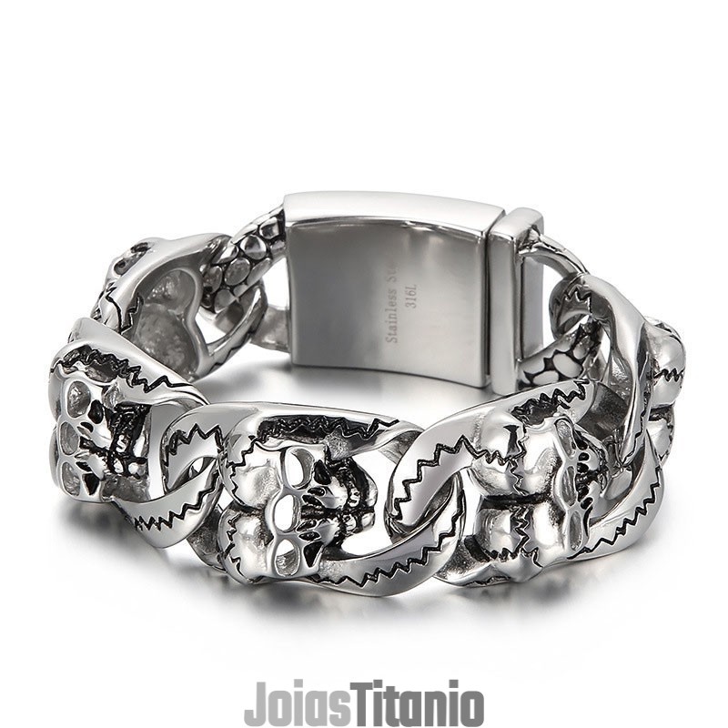 Pulseira De Titânio Com Padrão De Caveira Dupla Para Homens