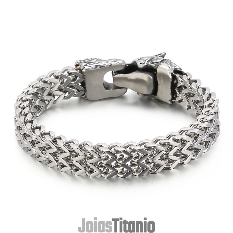 Pulseira Masculina De Titânio Com Cabeça De Lobo Dupla Pulseira Masculina De Titânio Com Cabeça De Lobo Dupla