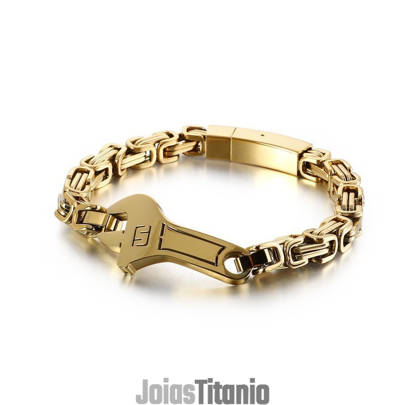 Pulseira De Titânio Masculina Com Placa Curva Tipo Chave Inglesa