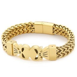 Pulseira Masculina De Titânio Trançado Com Caveira Dupla Estilo Hip-Hop