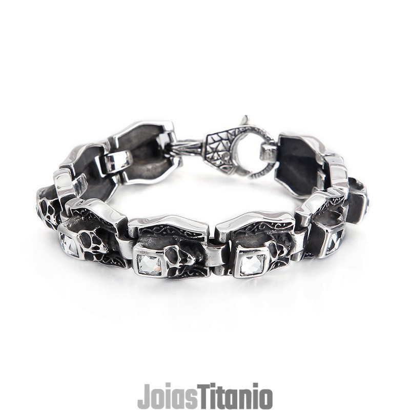 Pulseira De Titânio Com Caveira E Ossos Cruzados Pulseira De Titânio Com Caveira E Ossos Cruzados
