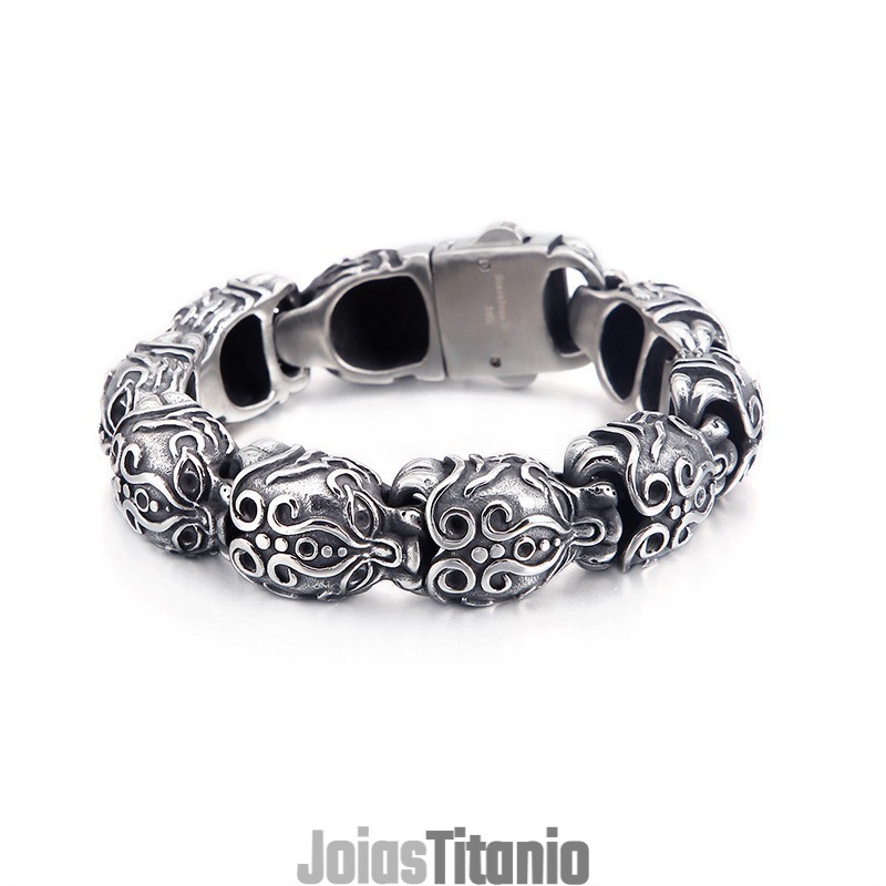 Pulseira De Titânio Com Caveira E Ossos Cruzados