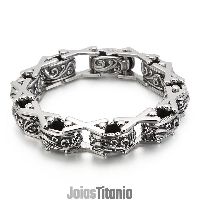 Pulseira De Titânio Vazada Em Formato De X Com Estampa Floral Para Homens Pulseira De Titânio Vazada Em Formato De X Com Estampa Floral Para Homens
