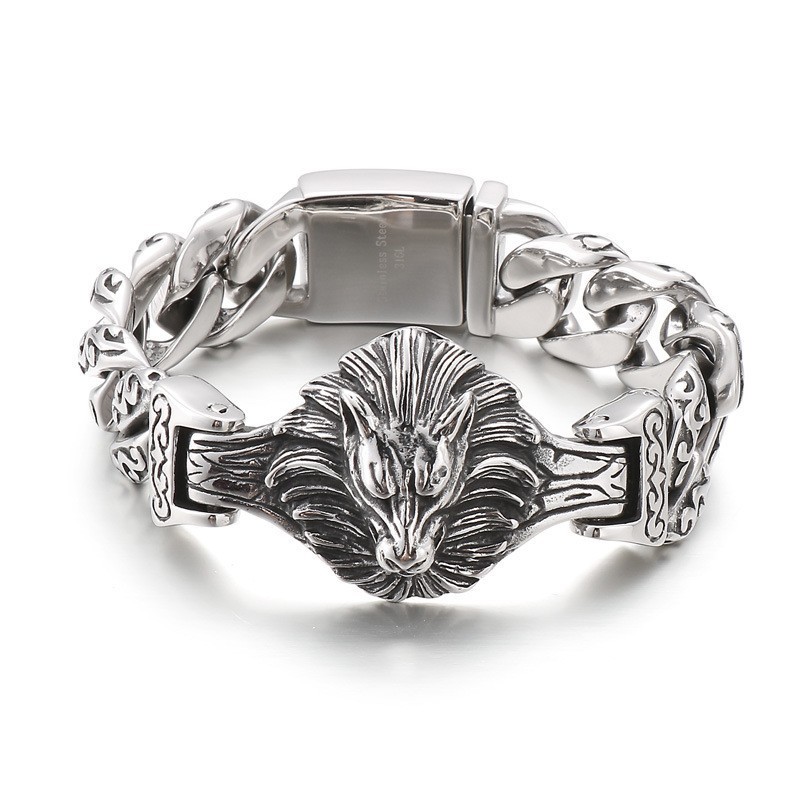 Pulseira De Titânio Com Cabeça De Lobo Floral Para Homens