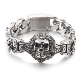 Pulseira De Titânio Com Cabeça De Caveira E Flor Para Homens