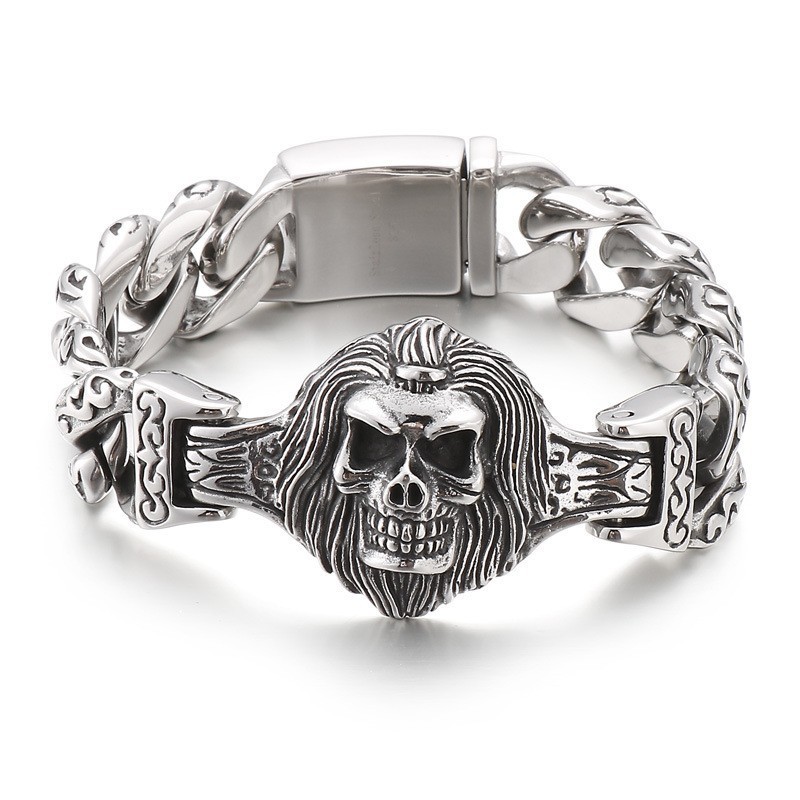 Pulseira De Titânio Com Cabeça De Caveira E Flor Para Homens Pulseira De Titânio Com Cabeça De Caveira E Flor Para Homens