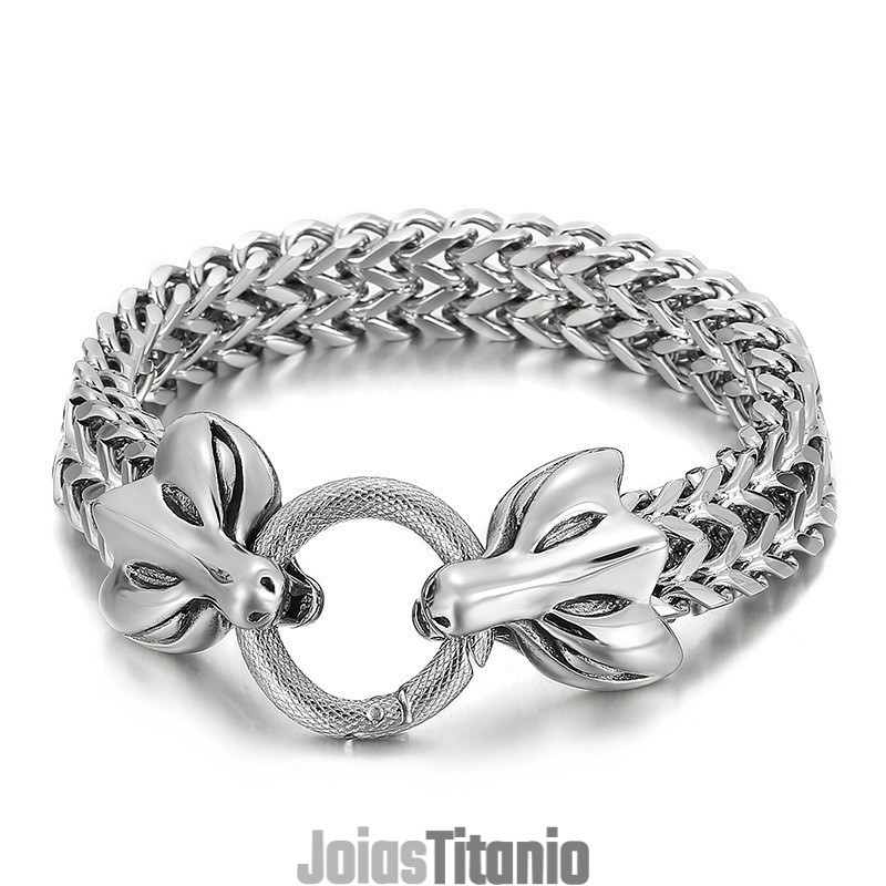 Pulseira Masculina De Titânio Trançada Com Cabeça De Animal Dupla Popular