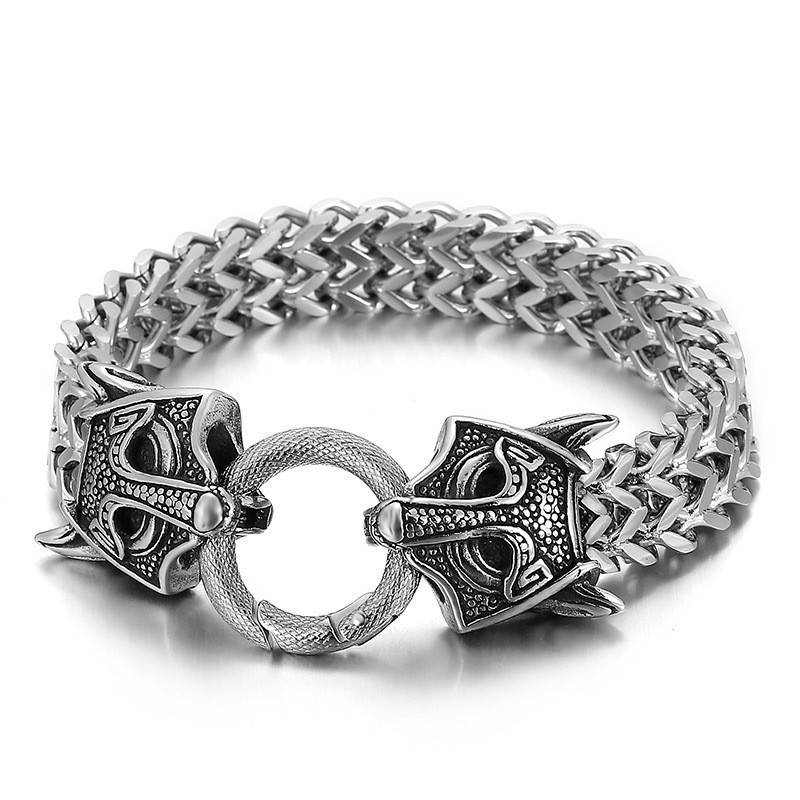 Pulseira Masculina De Titânio Trançada Com Cabeça De Animal Dupla Popular