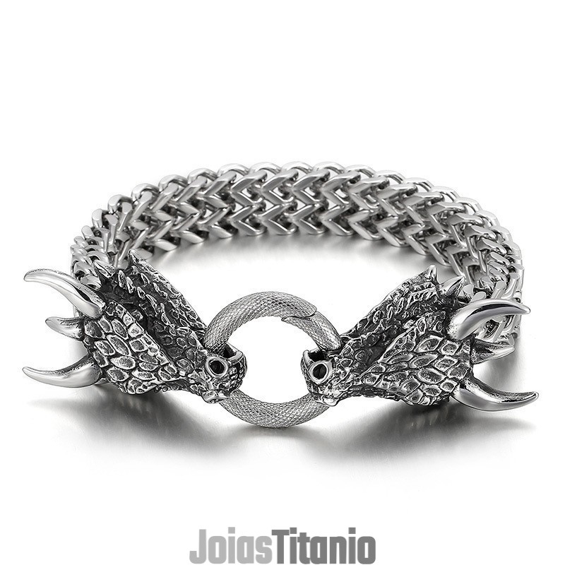 Pulseira Masculina De Titânio Trançada Com Cabeça De Animal Dupla Popular