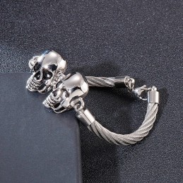 Pulseira Masculina De Titânio Com Caveira Dupla E Fio De Aço