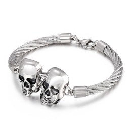 Pulseira Masculina De Titânio Com Caveira Dupla E Fio De Aço