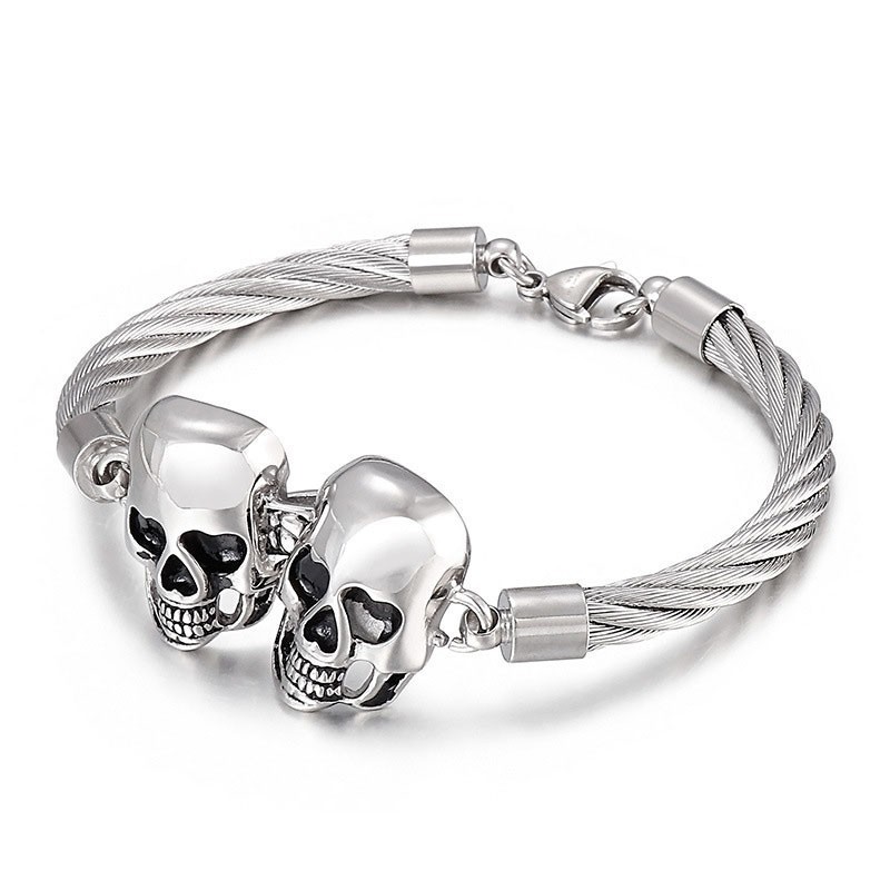 Pulseira Masculina De Titânio Com Caveira Dupla E Fio De Aço Pulseira Masculina De Titânio Com Caveira Dupla E Fio De Aço