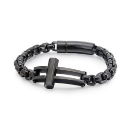 Pulseira De Corrente De Titânio Preta Com Crucifixo Quadrado