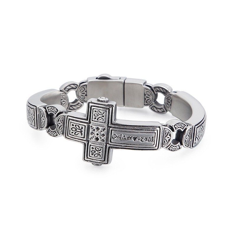 Pulseira De Titânio Com Cruz Curvada Masculina Chique