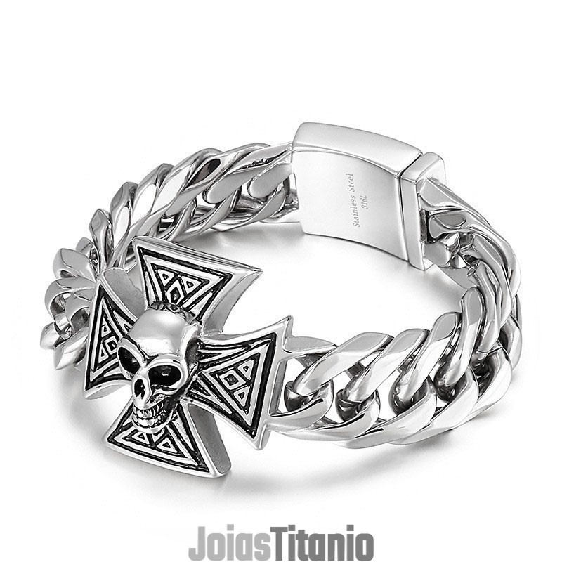 Pulseira Masculina Com Caveira E Cruz Pulseira Masculina Com Caveira E Cruz