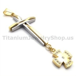 Pingente De Cruz De Titânio Dourado Com Diamantes - Corrente Grátis