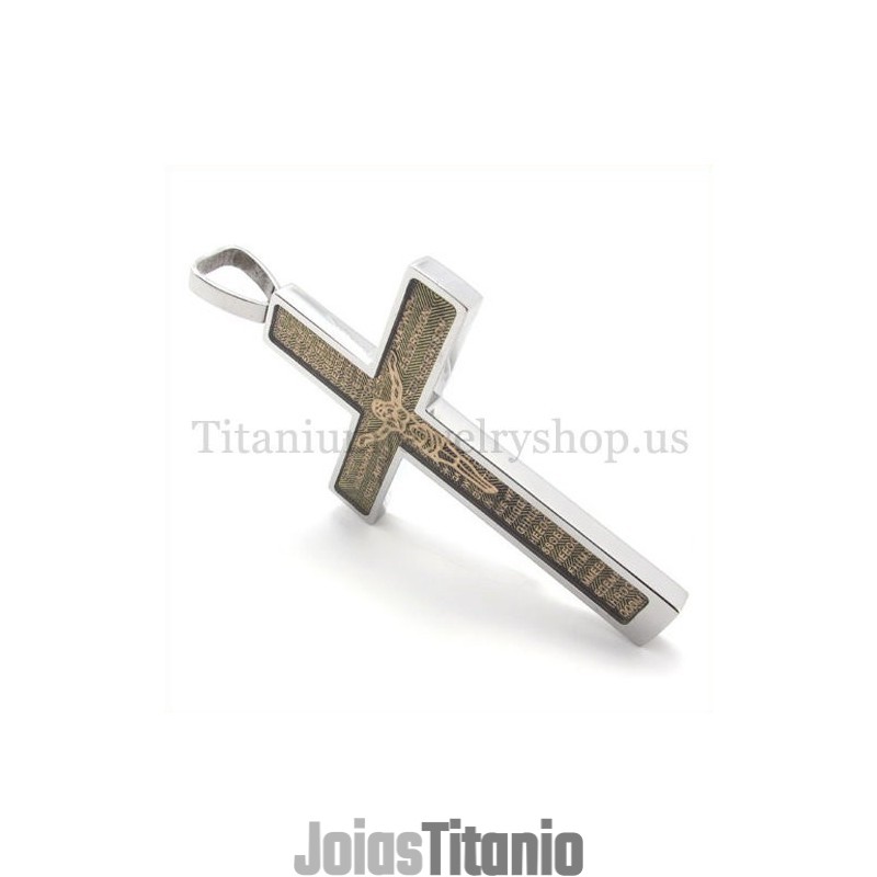Pingente De Cruz De Titânio Com Padrão De Jesus Esculpido Em Ouro E Bíblia