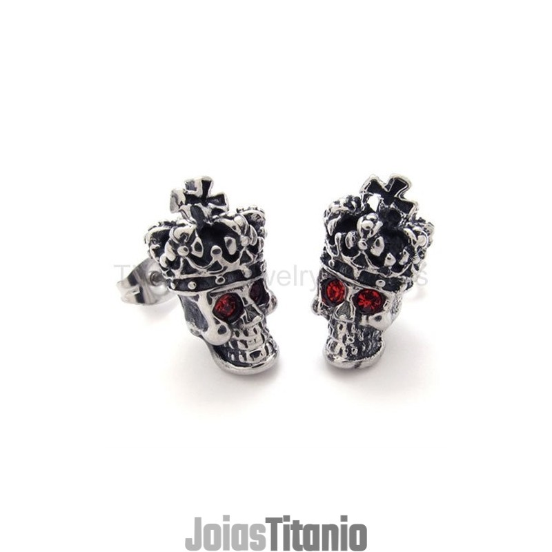 Brincos De Titânio Com Caveira E Coroa De Olhos Vermelhos