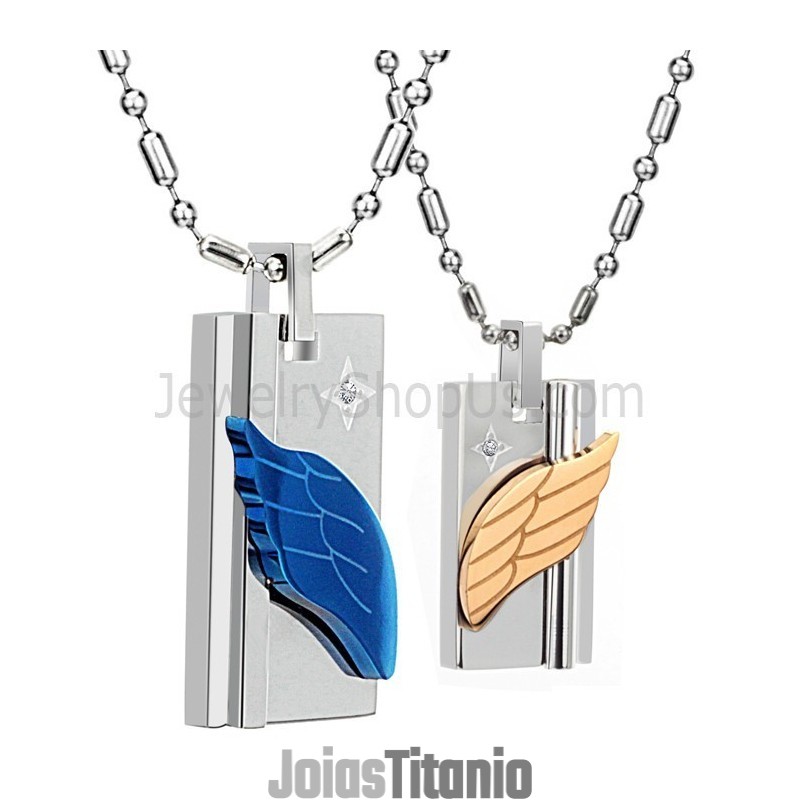 Pingentes De Membro De Anjo Em Titânio Azul E Ouro Rosa Com Strass E Correntes Grátis C387 Pingentes De Membro De Anjo Em Titânio Azul E Ouro Rosa Com Strass E Correntes Grátis C387