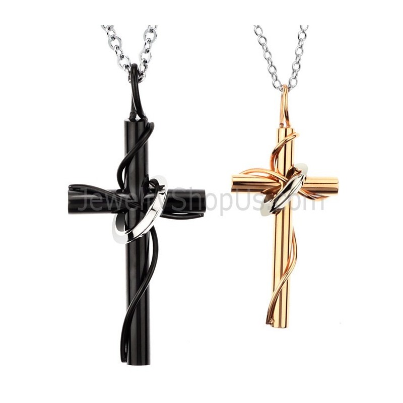 Pingentes De Titânio Em Ouro Rosa E Cruz Preta Com Correntes Grátis C521