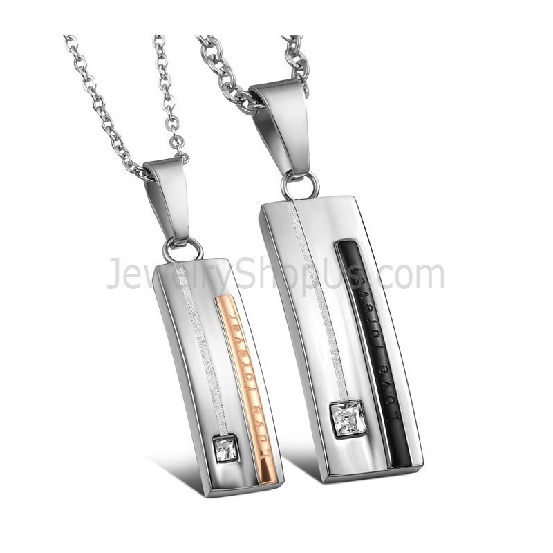 Pingentes Retangulares De Titânio Com "Love Forever" Em Ouro Preto E Rosa, Com Strass E Correntes Grátis C567