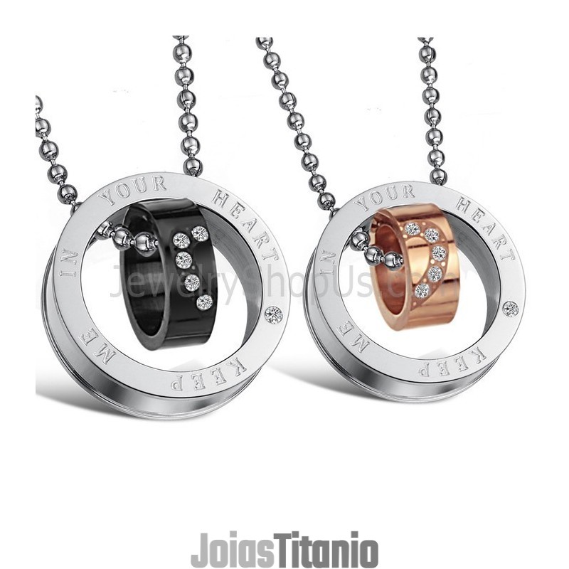Anéis De Titânio Em Ouro Rosa E Preto "Keep Me In Your Heart" Com Pingentes Para Amantes, Strass E Correntes Grátis C673