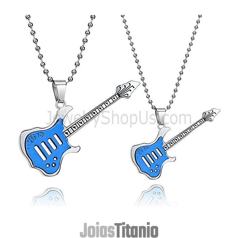 Pingentes De Guitarra Azul De Titânio Com Correntes Grátis C343