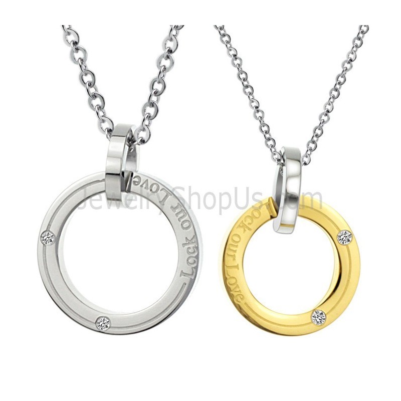 Anéis De Titânio, Prata E Ouro "Lock Our Love" Com Pingentes Para Amantes Com Diamantes E Correntes Grátis C350