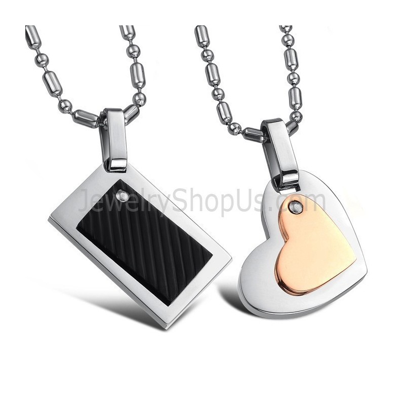 Pingentes De Coração Em Formato De Coração Em Titânio Preto Retangular E Ouro Rosa Com Correntes Grátis C601