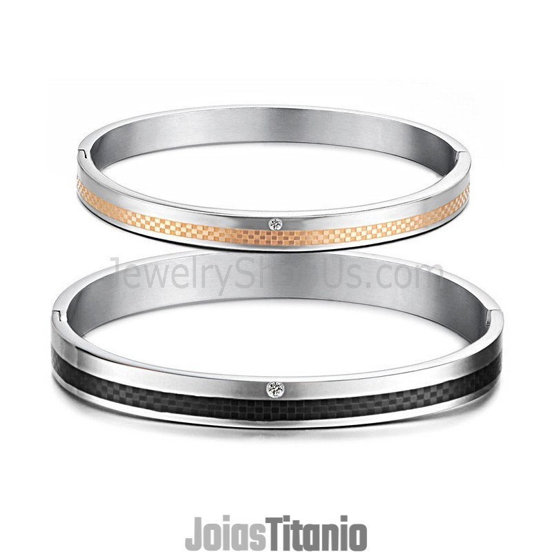 Pulseiras De Casal Tatanium Em Ouro Rosa E Grade Preta Com Strass C746 Pulseiras De Casal Tatanium Em Ouro Rosa E Grade Preta Com Strass C746
