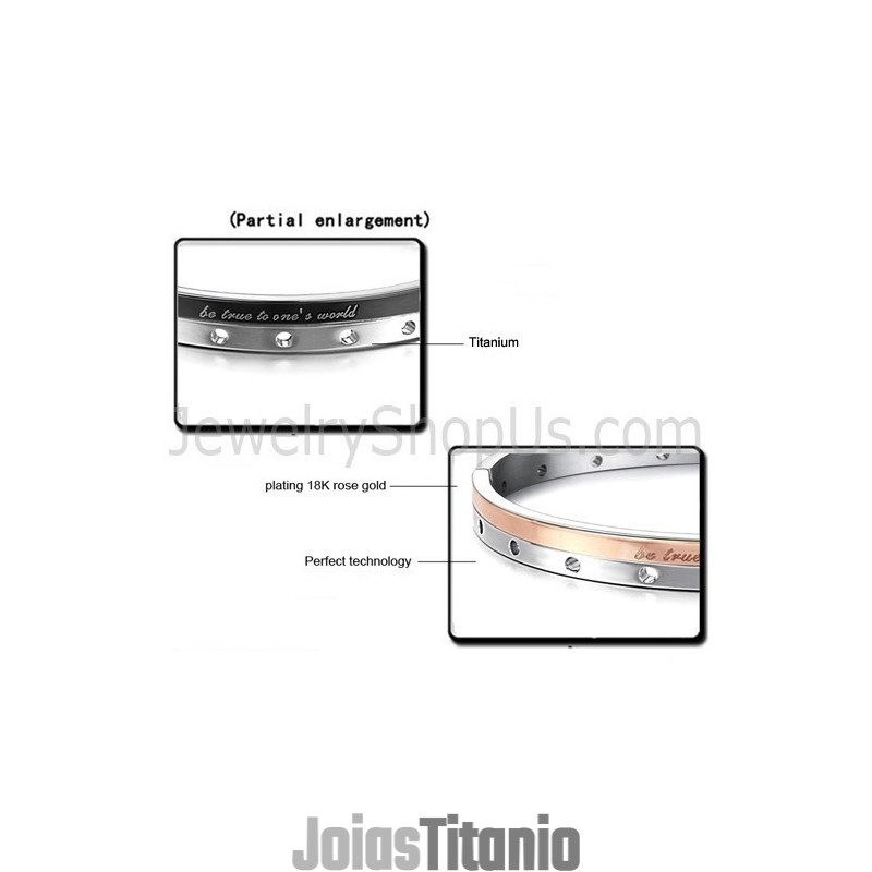 Pulseiras De Casal Tatanium Em Ouro Rosa E Preto "Be True To One'S World" Com Furos Circulares C868 Pulseiras De Casal Tatanium Em Ouro Rosa E Preto "Be True To One'S World" Com Furos Circulares C868