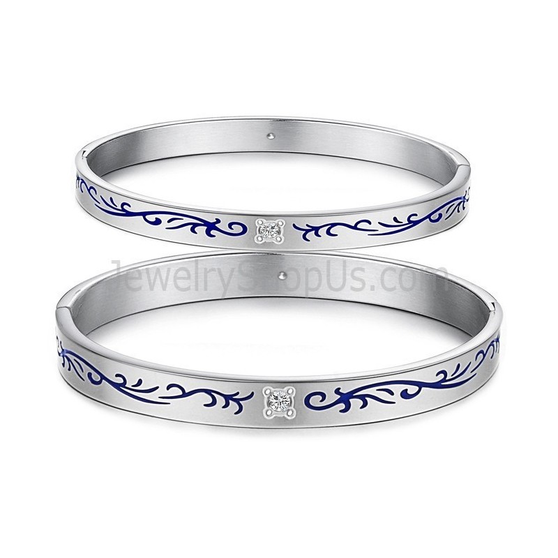 Pulseiras De Casal De Tatanium Com Flores Azuis C858 Pulseiras De Casal De Tatanium Com Flores Azuis C858